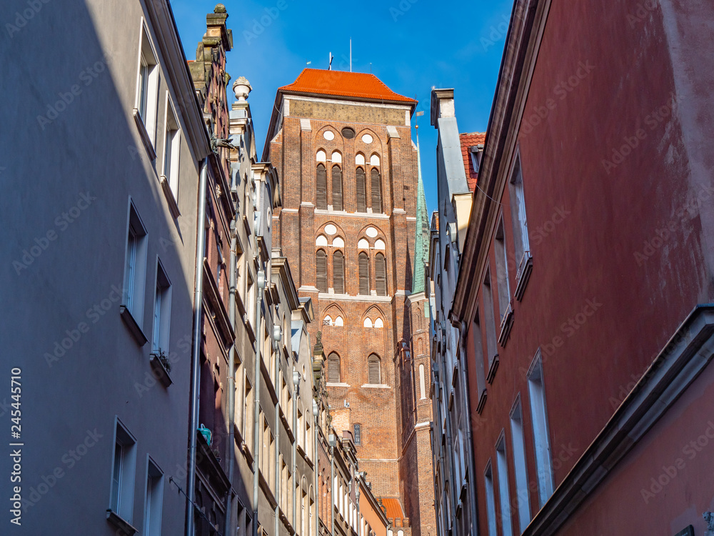 Gdansk, Poland, old town, view of the St. Mary Cathedral tower