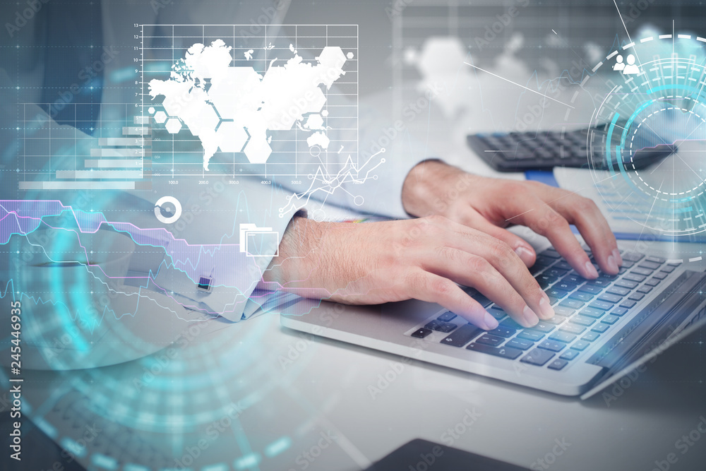 Man typing on laptop, infographics