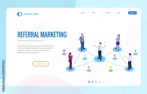 Isometric Referral marketing, network marketing, referral program strategy, referring friends, business partnership, affiliate marketing concept.