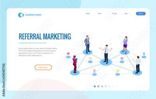 Isometric Referral marketing, network marketing, referral program strategy, referring friends, business partnership, affiliate marketing concept.