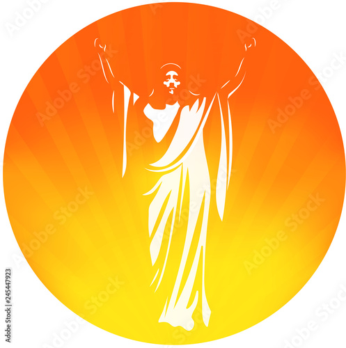 Jesus with his arms raised in front of a orange and yellow circle shape depicting the resurrection of Christ at sunrise, a vector illustration. 