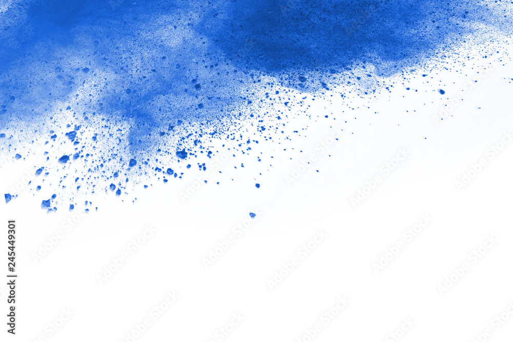 Obraz premium Blue powder explosion on white background. Colored cloud. Colorful dust explode. Paint Holi.