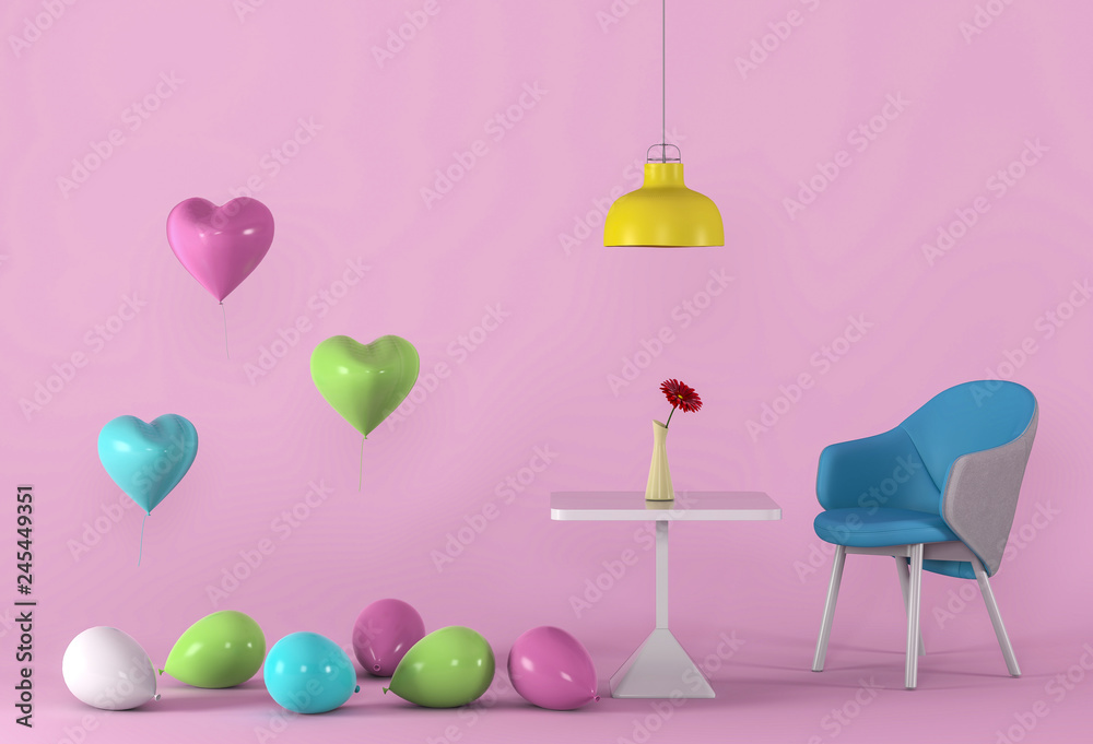 Fototapeta premium 3D render of pink studio with chair, balloon.