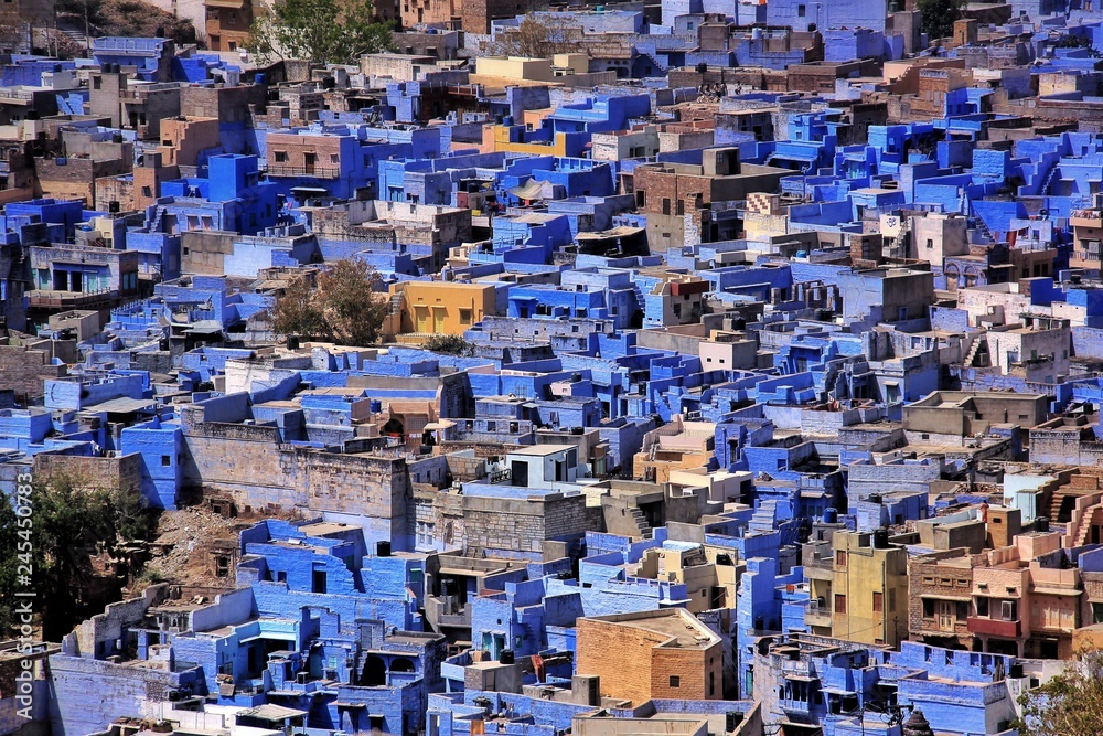 Vue sur la ville de Jodhpur ou aussi appelée la ville bleue depuis le Fort de Mehrangarh qui la surplomple