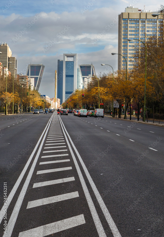 View of the financial and commercial center of Castellana Avenue in Madrid, Spain