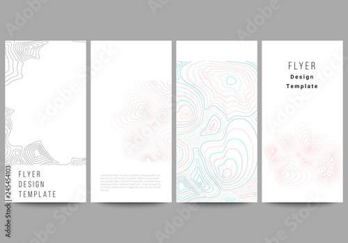 The minimalistic vector illustration of the editable layout of flyer, banner design templates. Topographic contour map, abstract monochrome background.