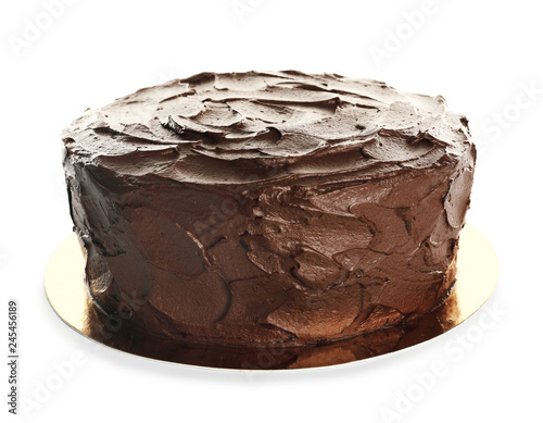 Tasty homemade chocolate cake on white background