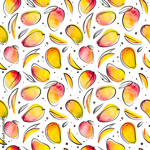 Watercolor seamless pattern with mango