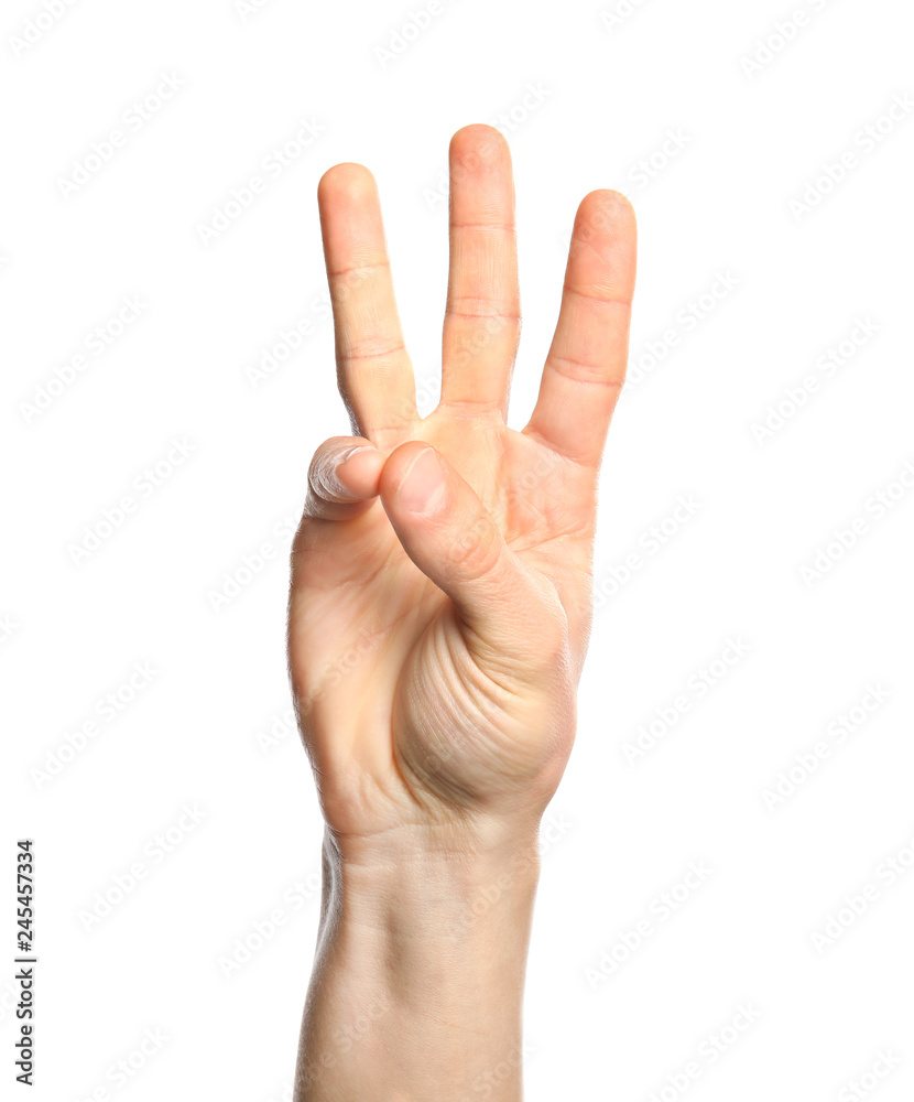 Man showing number six on white background, closeup. Sign language Man showing number six on white background, closeup. Sign language