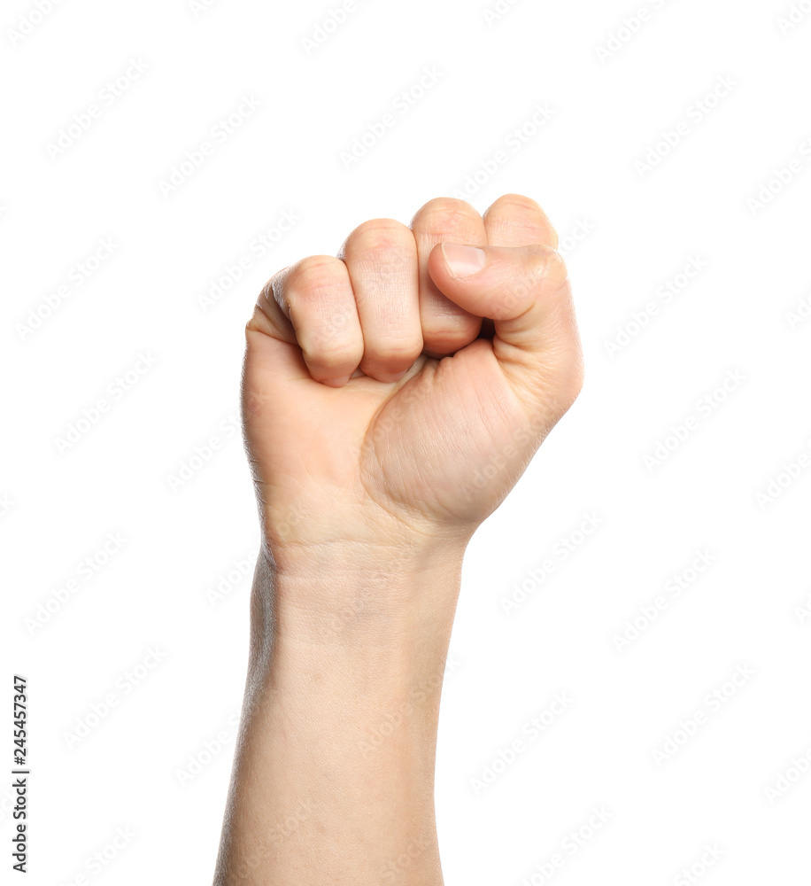 Man showing S letter on white background, closeup. Sign language Man showing S letter on white background, closeup. Sign language