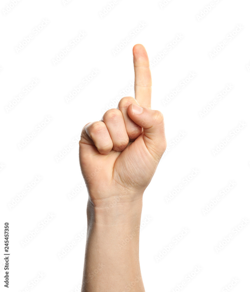 Man showing number one on white background, closeup. Sign language Man showing number one on white background, closeup. Sign language