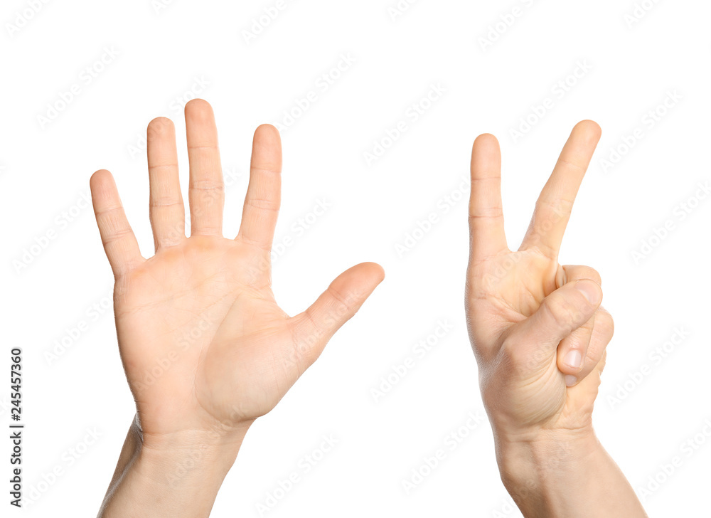 Man showing sign seven on white background, closeup. Body language Man showing sign seven on white background, closeup. Body language