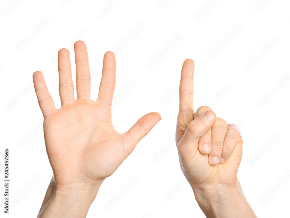 Man showing sign six on white background, closeup. Body language Man showing sign six on white background, closeup. Body language