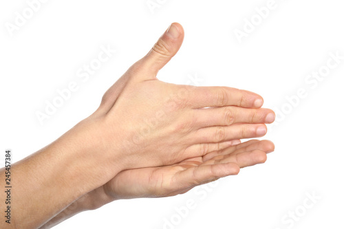 Man showing word stop on white background, closeup. Sign language photo