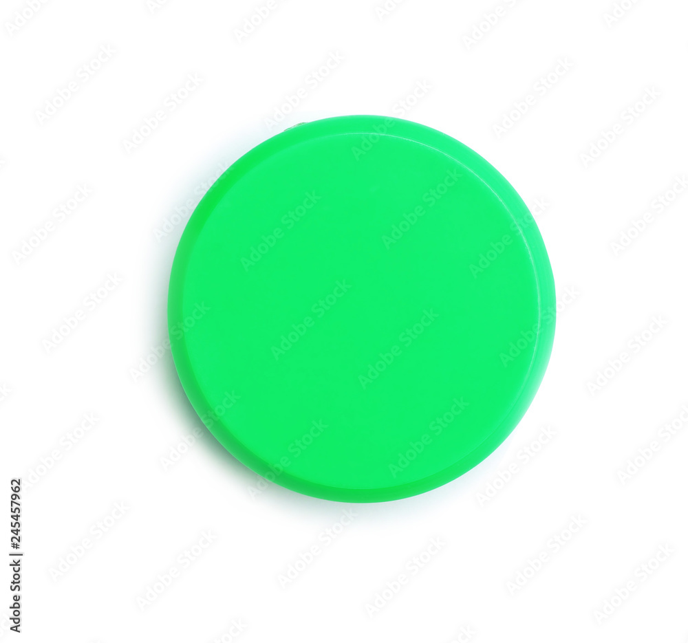 Bright green plastic magnet on white background, top view Bright green plastic magnet on white background, top view