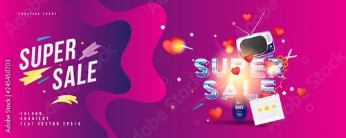 Super sale of 50% off. The concept for big discounts with voluminous text, a retro TV and red hearts on a pink background with light effects. Flat vector illustration EPS10
