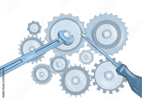 screwdriver and wrench and gears