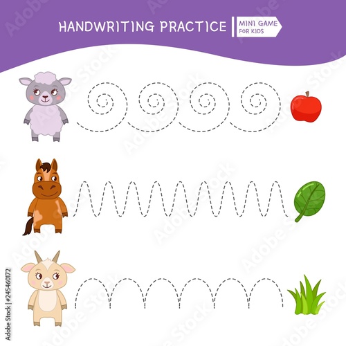 Handwriting practice sheet. Basic writing. Educational game for children.  Cartoon animal and their food.