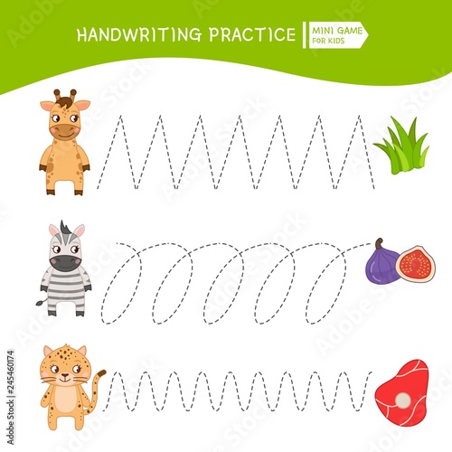 Handwriting practice sheet. Basic writing. Educational game for children.  Cartoon animal and their food.