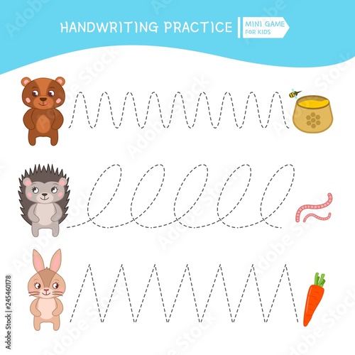 Handwriting practice sheet. Basic writing. Educational game for children.  Cartoon animal and their food.