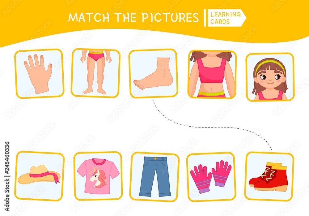 Matching children educational game. Match of body parts and clothing .  Activity for pre sсhool years kids and toddlers. Stock Vector