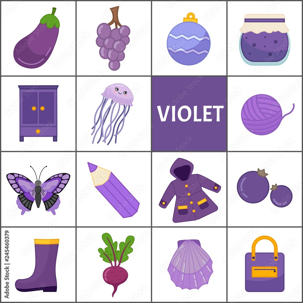 Learn the primary colors. Violet. Different objects in violet color.  Educational material for children and toddlers. Stock Vector
