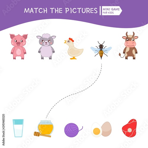 Matching children educational game. Match of animals and foods. Activity for pre sсhool years kids and toddlers.