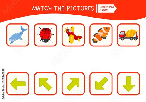 Matching children educational game. Match of objects and arrows. Activity for pre sсhool years kids and toddlers.