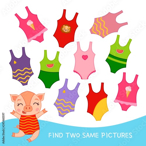 Educational  game for children. Find two same pictures. Kids activity with cartoon swimsuits.