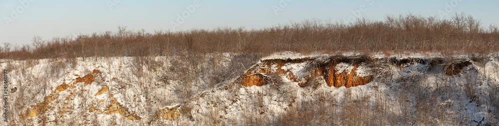 Obraz premium Winter landscape with snow. Red Clay frozen in frost. The frozen forest. Area in southern Europe. The ravines of the Budjak steppe.