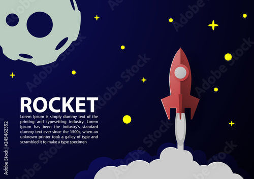 Rocket Vector and illustration flying rocket.Space travel to the moon.Space rocket launch.Project start up Solar System and text space