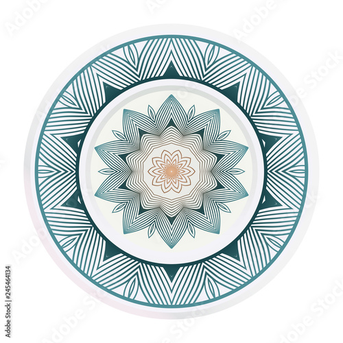 Set of 2 matching decorative plates for interior design. Empty dish, porcelain plate mock up design. Vector illustration. Decorative plates with Mandala ornament patterns. Home decor background.