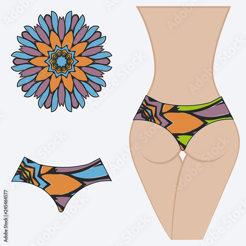 Female buttocks with panties. Decorative vector illustration. Mandala fashion print.