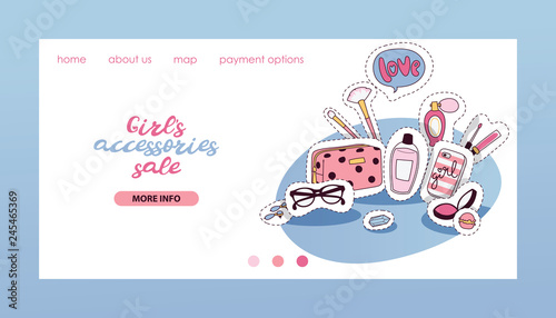 Cosmetic vector beauty make up cosmetology sticker for beautiful woman makeup perfume landing page backdrop illustration wallpaper set of girlie cosmetician accessories background web-page