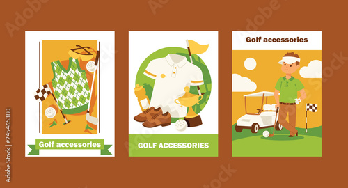 Golf vector golfers sportswear and golfball for playing in golfclub backdrop illustration set of sportsman golfing clothes background
