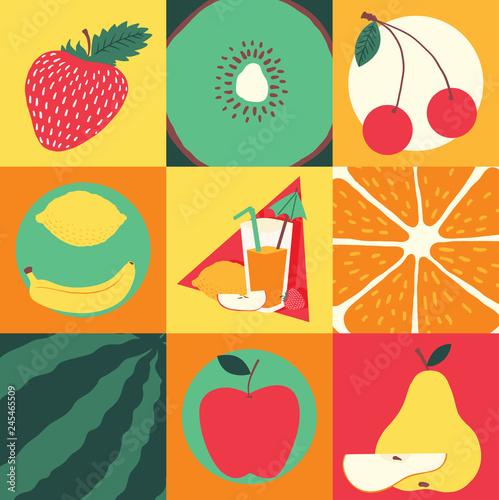 Fruit pattern seamless vector fruity background and fruitful exotic wallpaper with fresh slices of watermelon orange apples and tropical fruits illustration backdrop