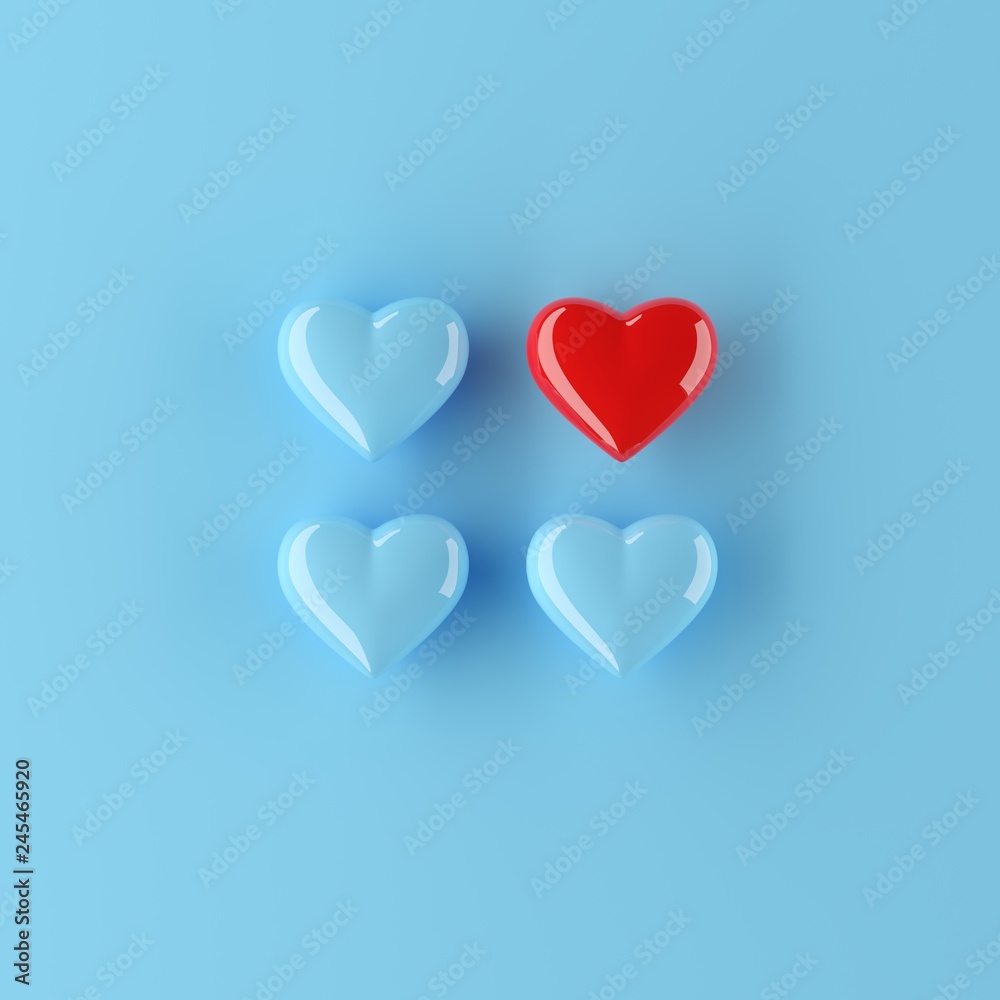 Minimal concept. Outstanding red color heart shape with blue color heart shape on blue background. 3d render