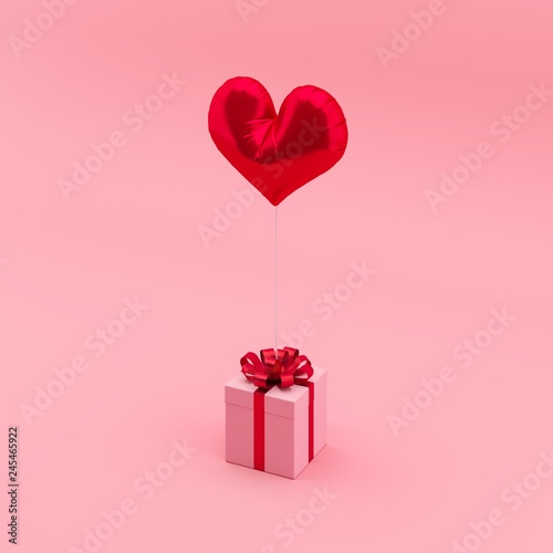 Minimal concept. Outstanding red balloon heart shape with pink gift box on pink background.