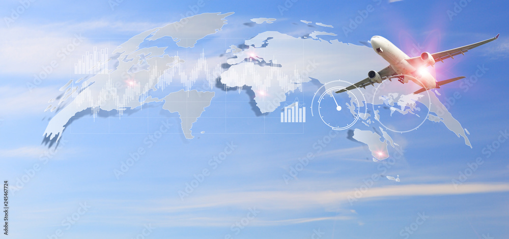 Big white airplane is flying over the clouds with colorful sky  for Business trip with Commercial plane , Transportation, import-export and logistics, Travel concept