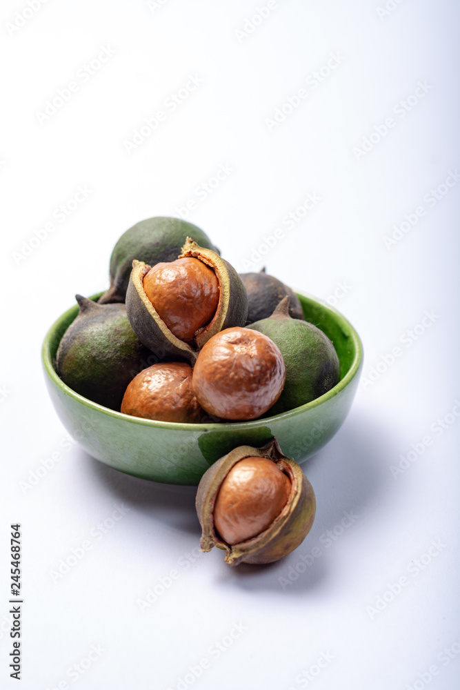 Fototapeta premium Fresh harvest of macadamia nuts, green macadamia nuts in shell close up isolated