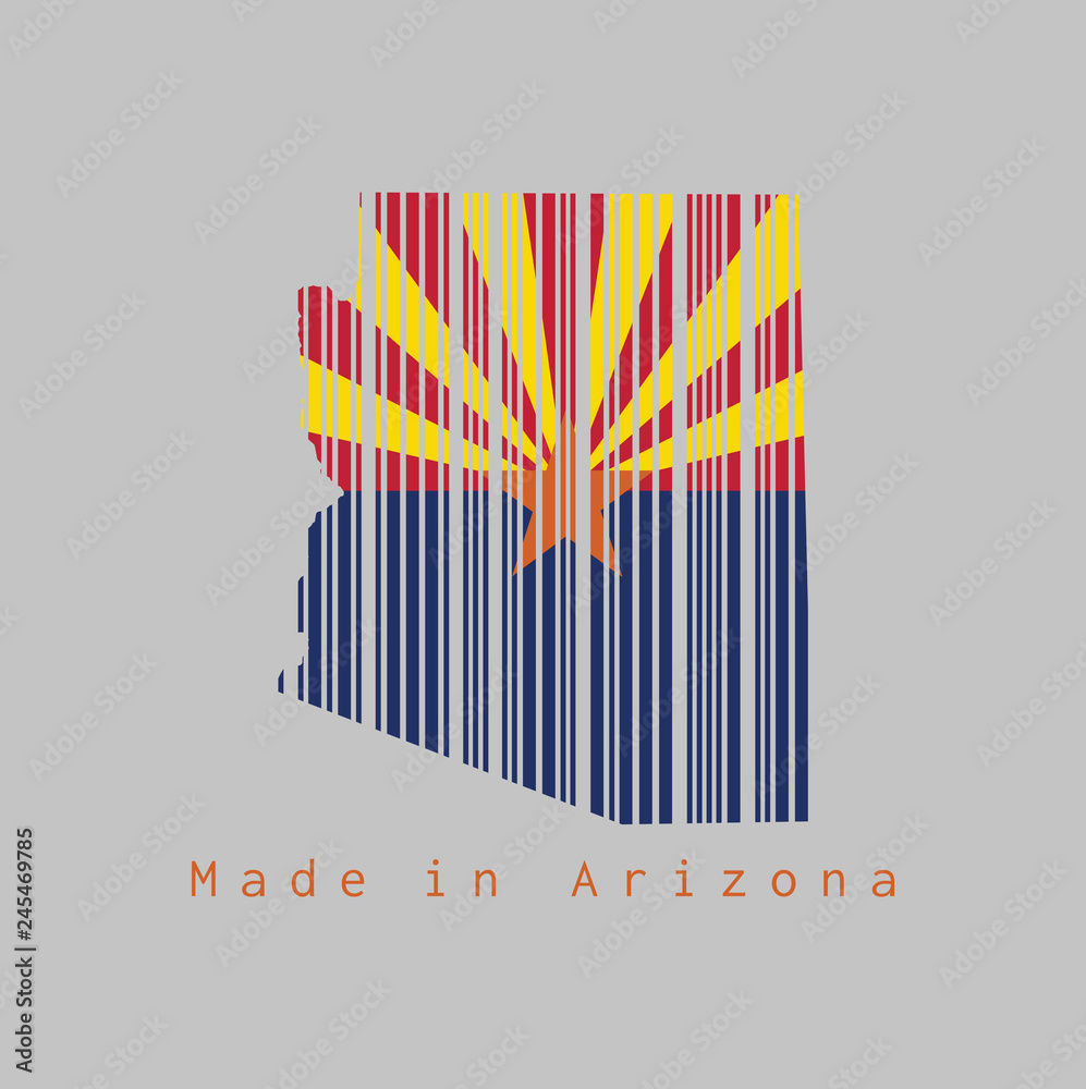 Barcode set the shape to Arizona map outline and the color of Arizona flag on grey background, text: Made in Arizona. Barcode set the shape to Arizona map outline and the color of Arizona flag on grey background, text: Made in Arizona.