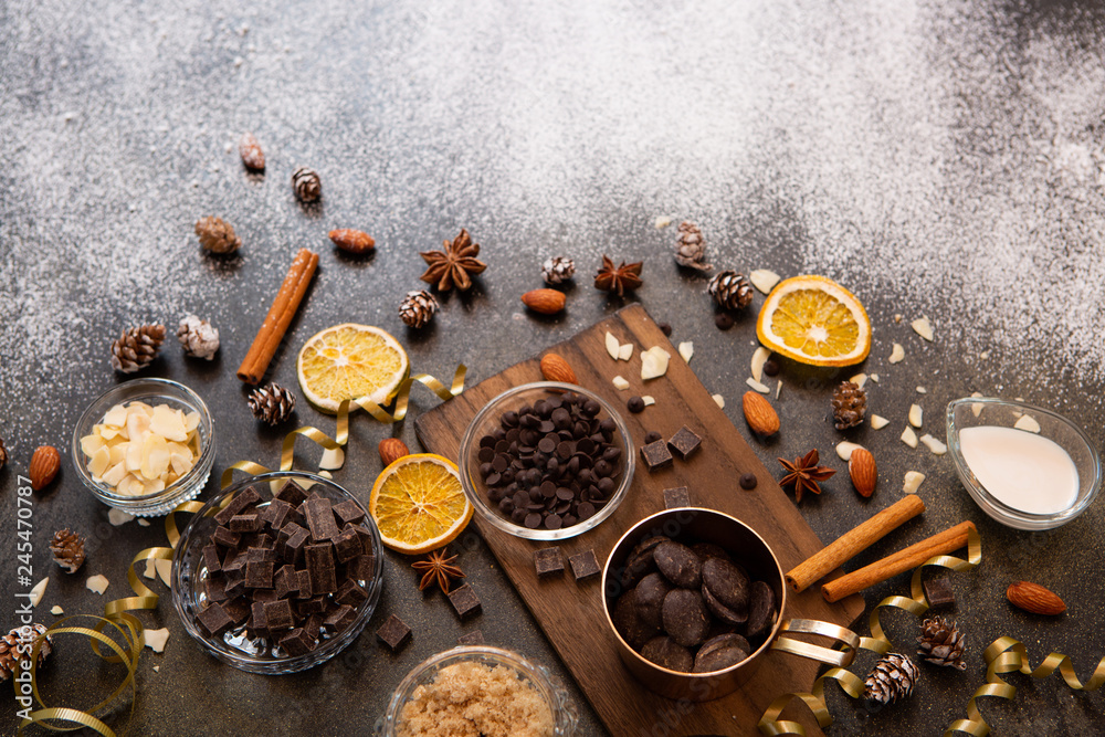 chocolates, ingredients on black table chocolates, ingredients on black table
