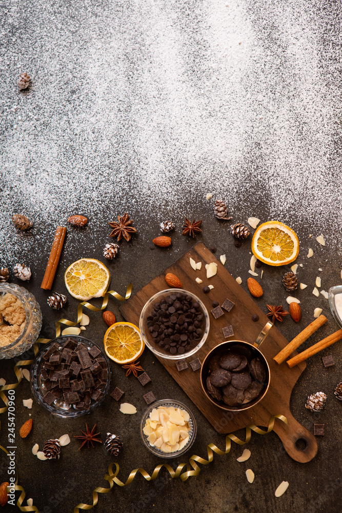 chocolates, ingredients on black table chocolates, ingredients on black table