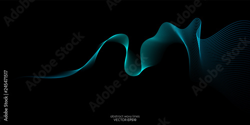 Abstract vector wave lines green and blue colors isolated on black background for design elements in concept technology, modern, science, AI