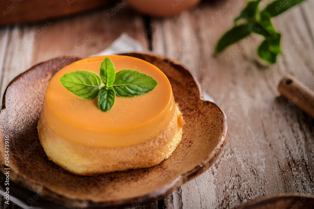homemade caramel custard pudding with mint homemade caramel custard pudding with mint