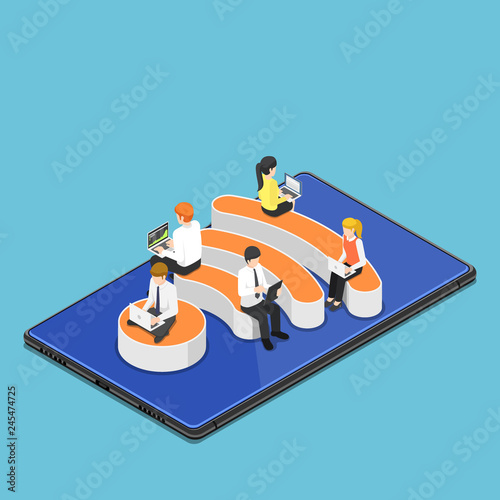 Isometric busienss people with laptops working while sitting on Wi-Fi hotspot icon photo