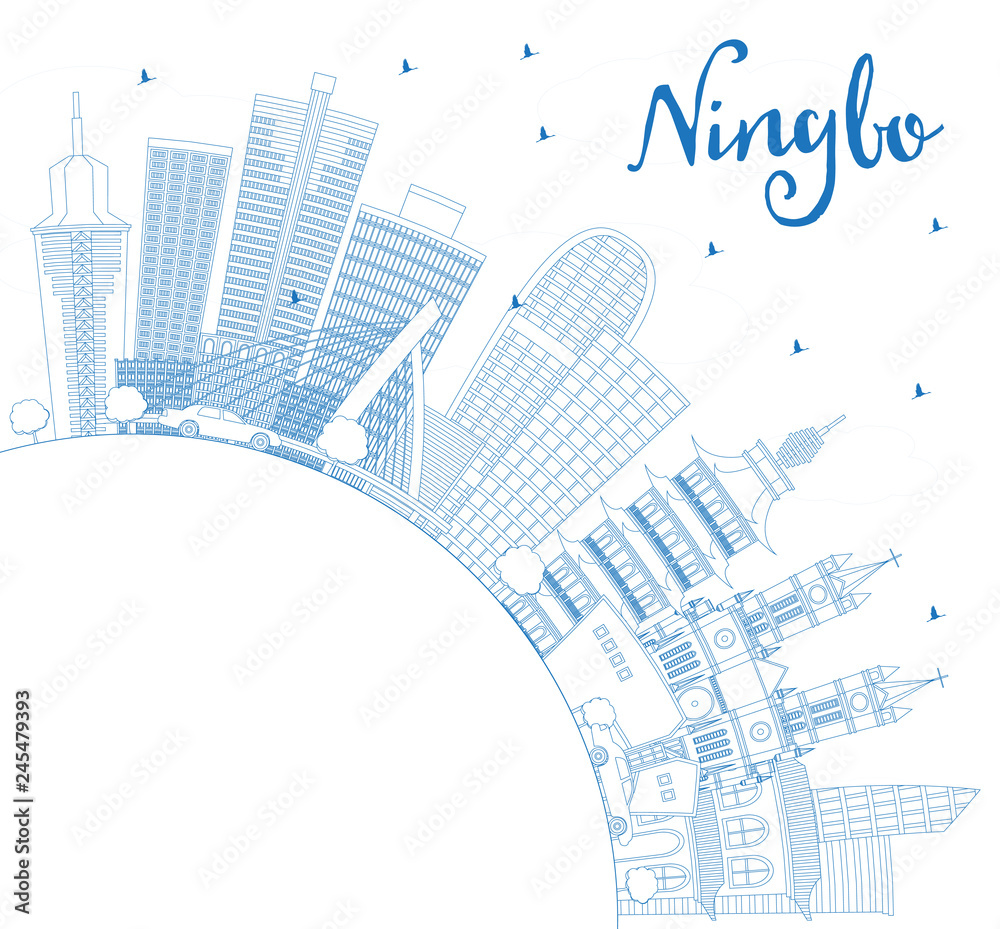 Outline Ningbo China City Skyline with Blue Buildings and Copy Space.