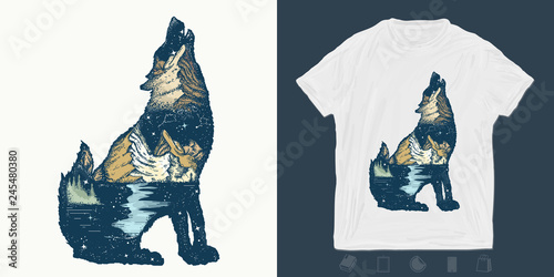 Wolf double exposure. Print for t-shirts and another, trendy apparel design. Symbol tourism, travel, adventure, outdoor
