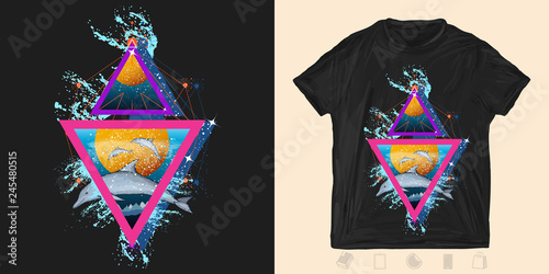 Jumping dolphins in sea. Print for t-shirts and another, trendy apparel design. Neon  geometric 80s style