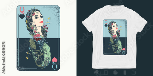 Queen playing card. Print for t-shirts and another, trendy apparel design. Gothic symbol of gamblings, tarot cards, success and defeat, casino, poker